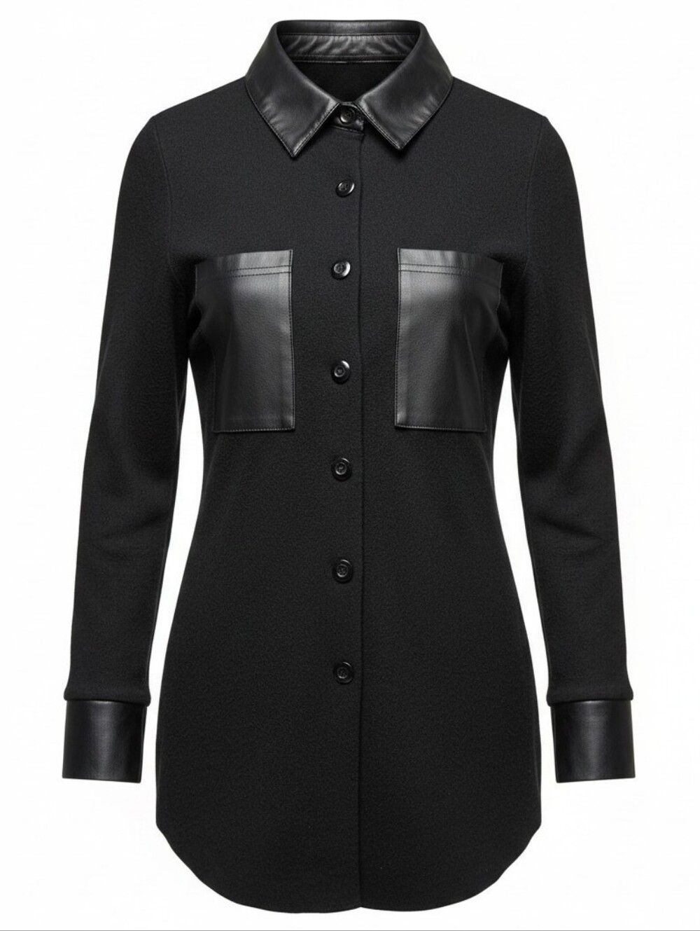 JOIE | Faux Leather Trim Button Down Sweater Knit Shirt Luxe Black | XS